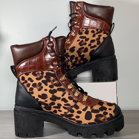 Dolls Kill Leopard/Cheetah Print Faux Suede, Leather, Chunky Heel Combat Boot - Picture 2 of 3